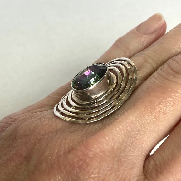 Sterling Silver 925 India Large Bezel Set Oval Mystic Quartz Statement Ring 5.5 - Picture 3 of 16